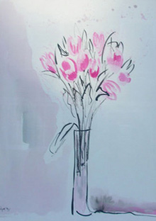A painting of a bouquet of pink tulips in a vase