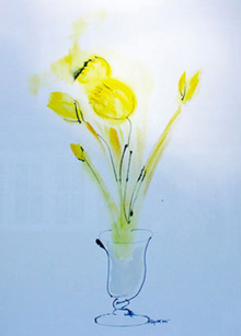 A painting of a bouquet of yellow tulips in a vase